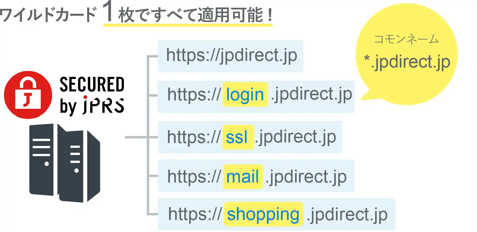 ワイルドカード1枚で全て適用可能！（コモンネーム *.jpdirect.jp）