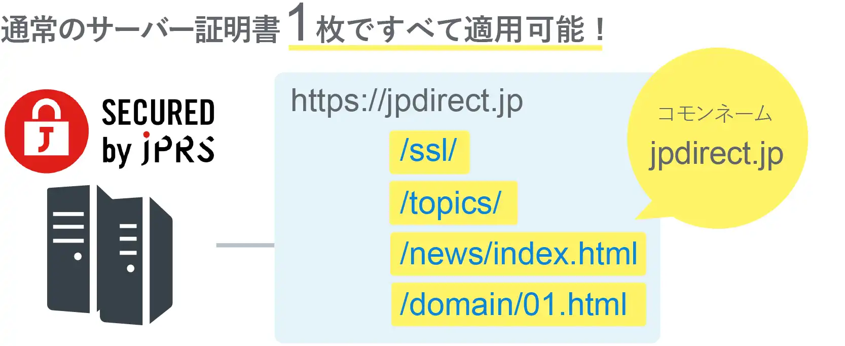 通常のサーバー証明書1枚で適用可能（コモンネーム jpdirect.jp）